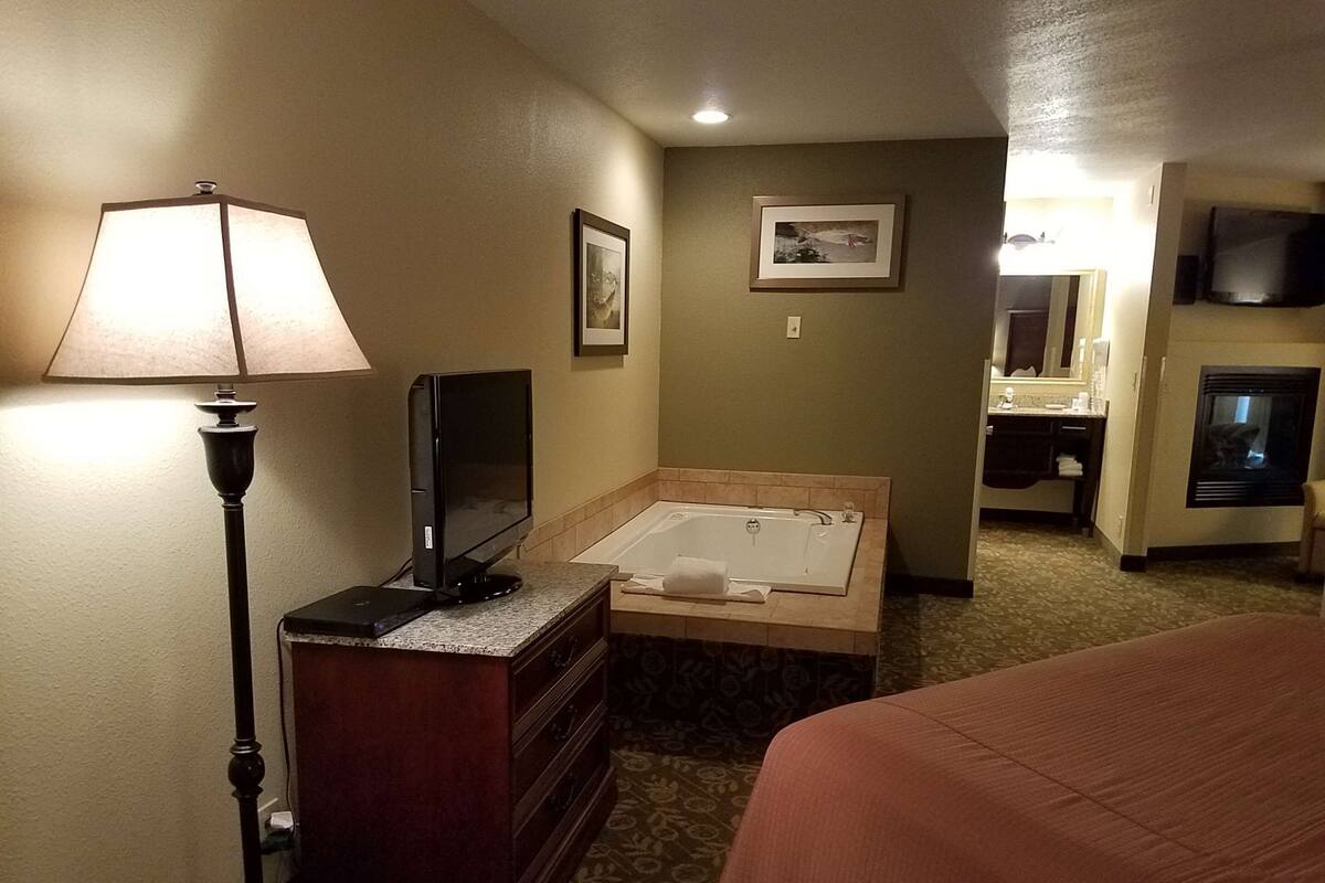 A hotel room with a bed, a television, a desk with a lamp, a bathtub, a fireplace, and a framed picture on the wall.