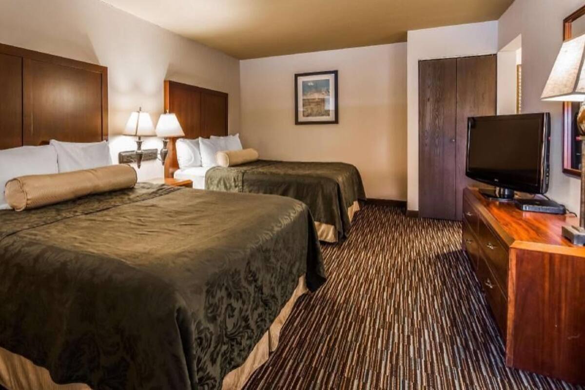 A hotel room with two beds, a television, a desk, and a carpeted floor.