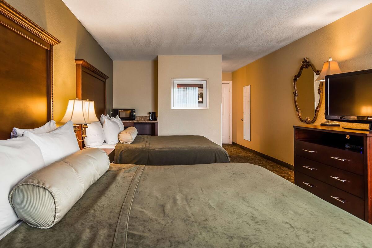 A hotel room with two beds, a desk with a microwave, a TV, and a dresser.