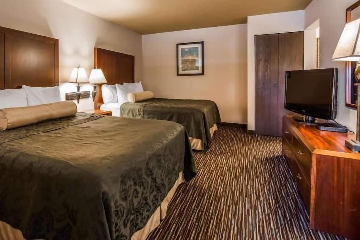 A hotel room with two beds, a television, a desk with a lamp, and a picture on the wall.