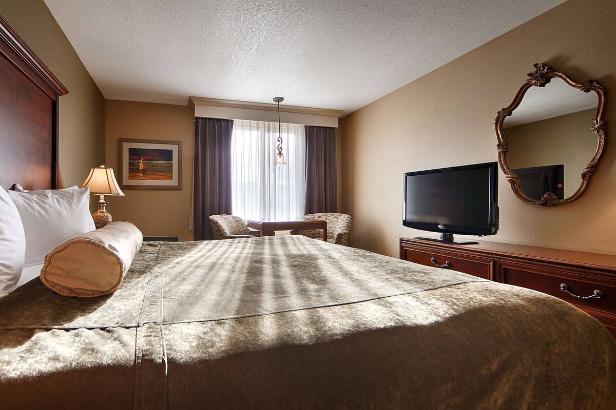 A hotel room with a large bed, a television, a desk, and a chair.