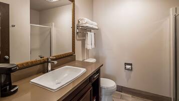 A modern bathroom with a large mirror, a sink, a toilet, and a towel rack.