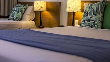 Premium bedding, pillowtop beds, desk, laptop workspace