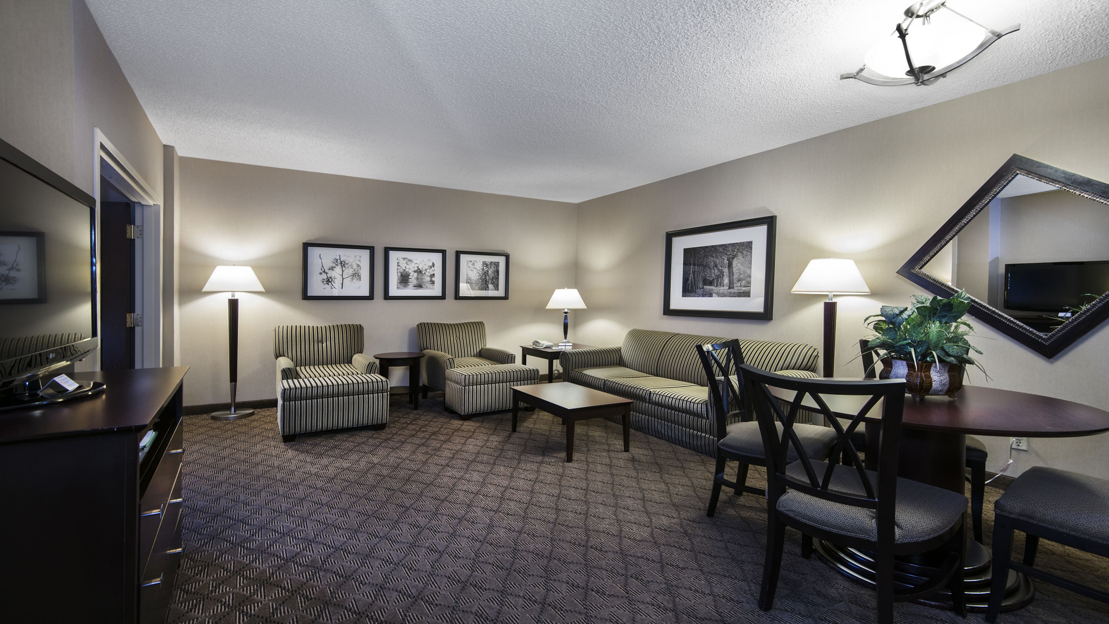 Una camera d'hotel con un'area salotto, che include una divano, due poltrone, un tavolino e un tavolo da pranzo con sedie. Alle pareti ci sono quadri incorniciati, una TV a schermo piatto montata sopra e un vaso con una pianta sul tavolo da pranzo.