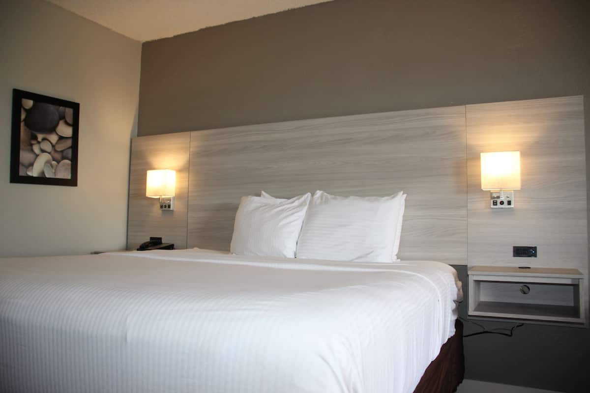 Quarto de hotel com uma cama grande, duas mesas de cabeceira com luminárias e uma obra de arte na parede.