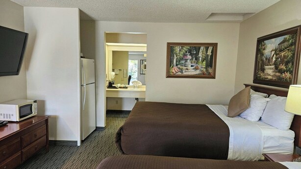 A hotel room with a bed, a desk with a microwave, a television, and a painting on the wall.