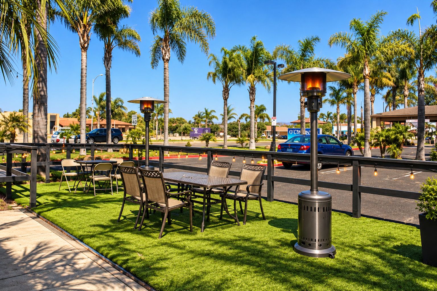 An outdoor patio with tables and chairs, surrounded by palm trees and a street view.