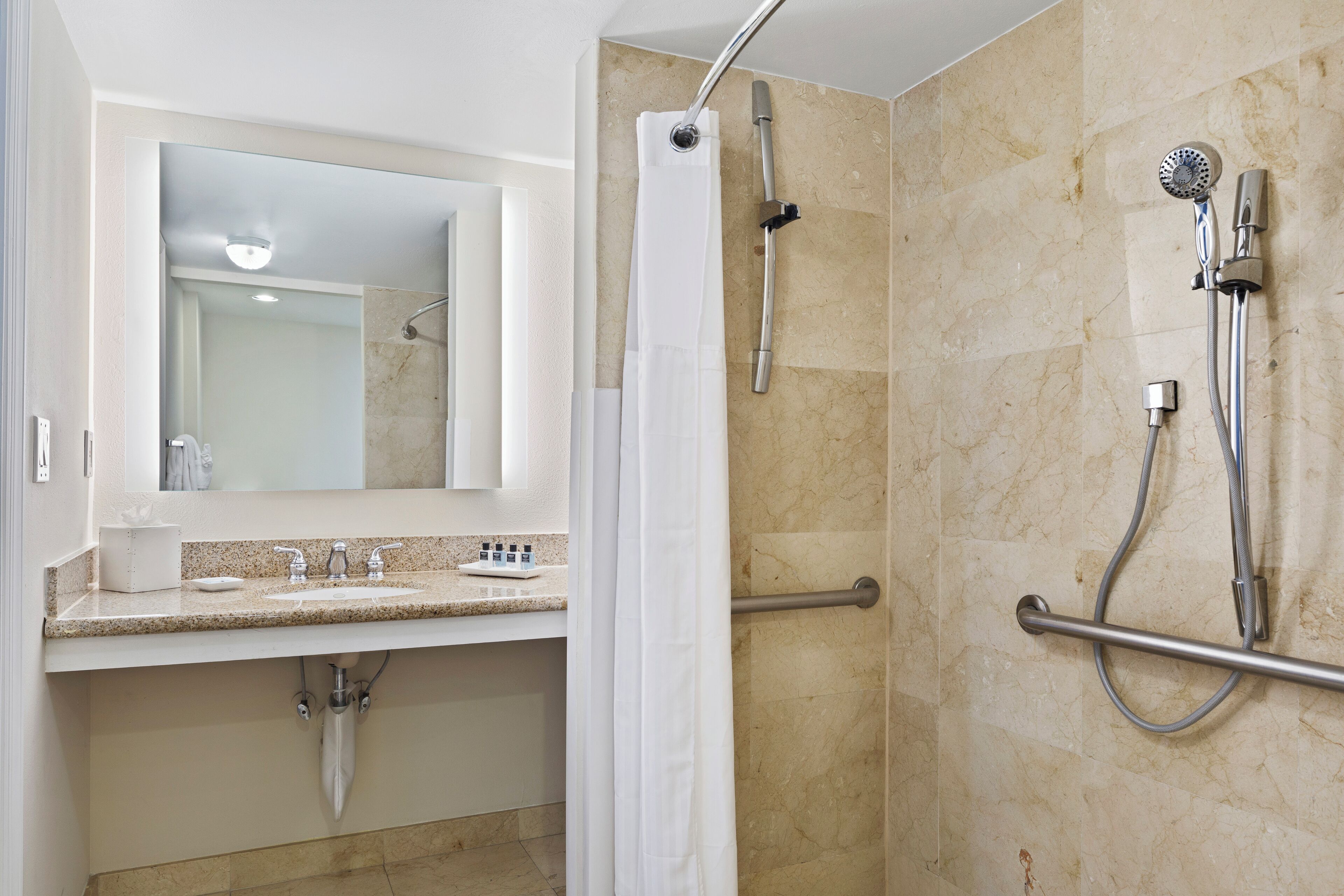 A bathroom with a shower, a sink, and a mirror.