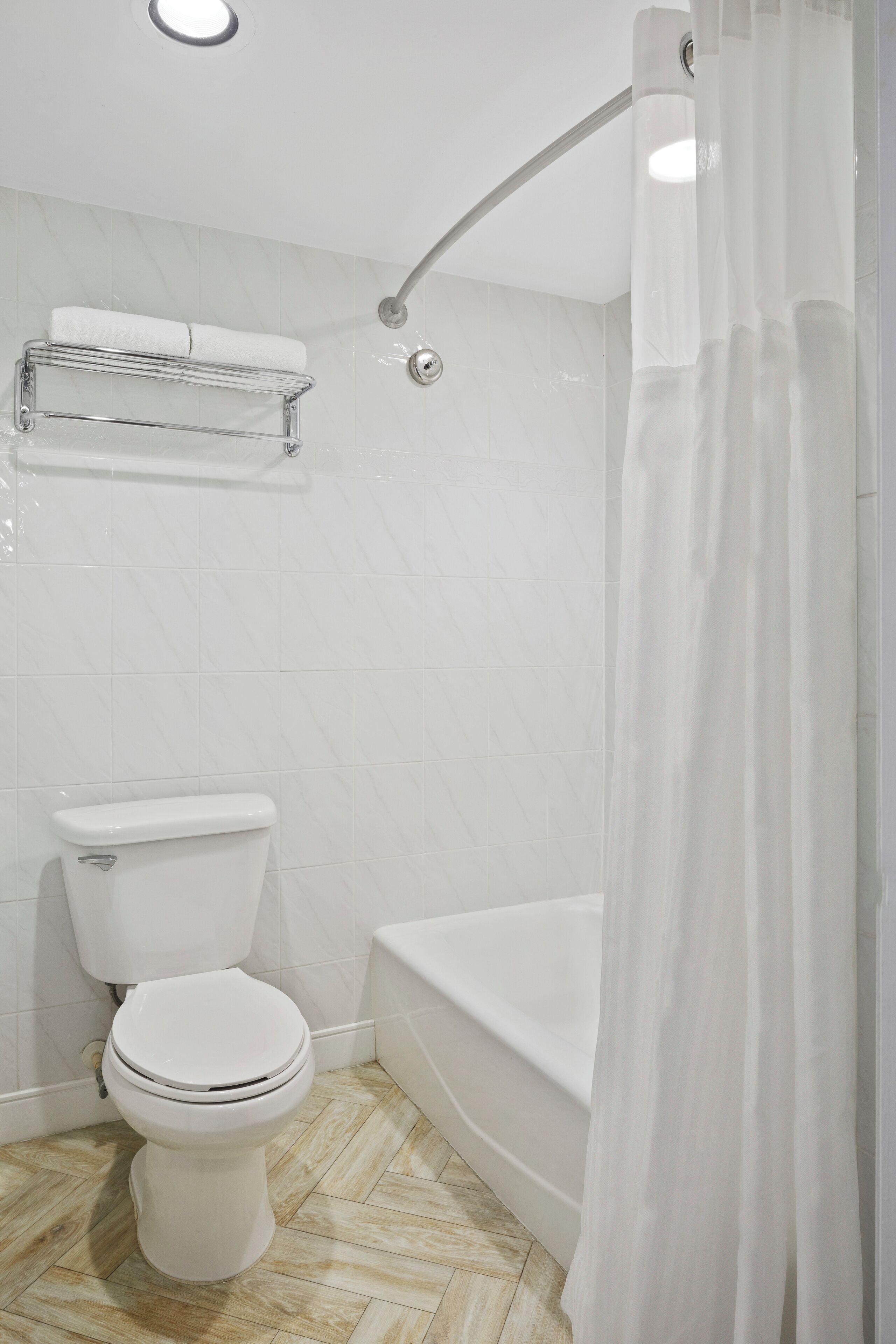 A bathroom with a toilet, a bathtub, and a shower curtain.