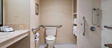A modern bathroom with a toilet, a sink, and a shower area.