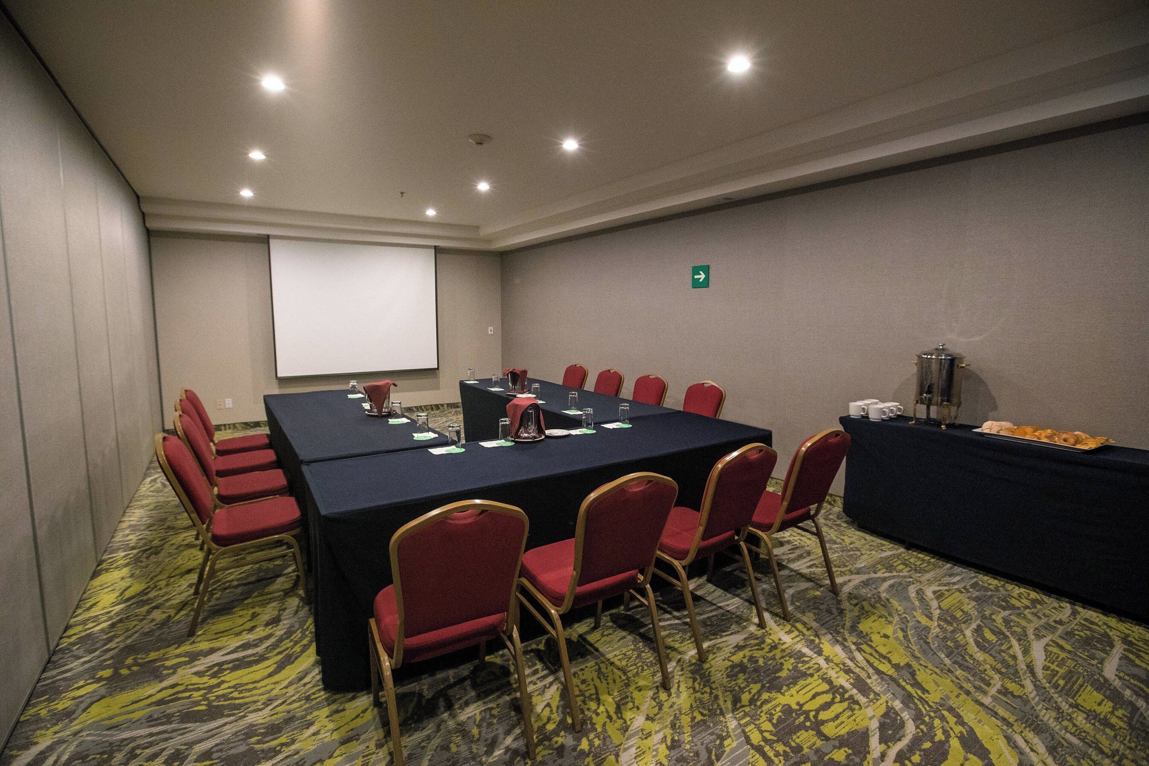 Une salle de conférence avec une longue table, des chaises rouges, un écran de projection et un sol recouvert de moquette.
