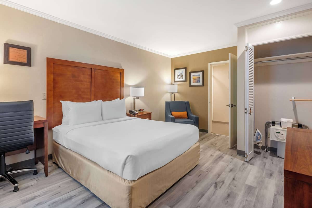 A hotel room with a bed, bedside table, lamp, chair, and a wardrobe.