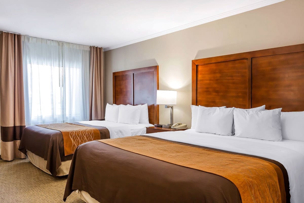 A hotel room with two beds, a nightstand, a lamp, and a window with curtains.
