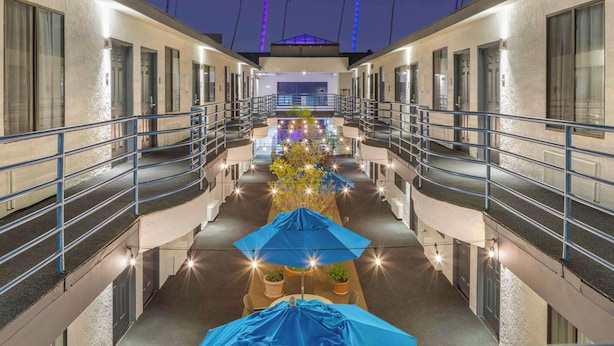 Un pasillo de hotel con un camino central, varias habitaciones a ambos lados y un árbol decorativo en el centro.