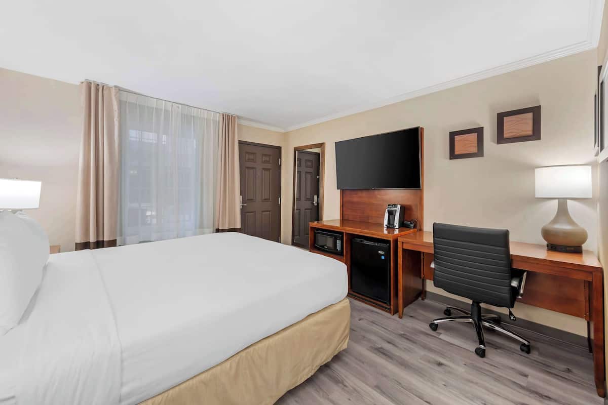 A hotel room with a bed, desk, chair, TV, and a door.
