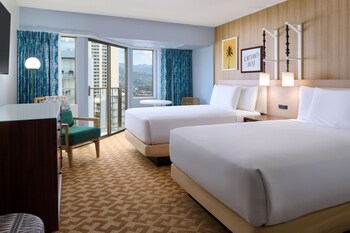 Room, 2 Double Beds, Waikiki View (Newly Renovated) | In-room safe, desk, blackout drapes, iron/ironing board at Waikiki Malia