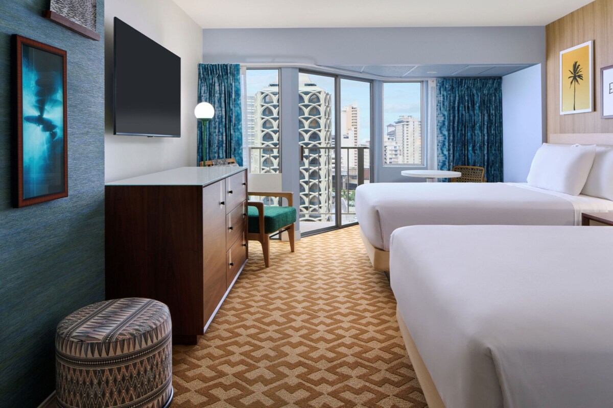 Room, 2 Double Beds, Partial Ocean View (Newly Renovated) | In-room safe, desk, blackout drapes, iron/ironing board