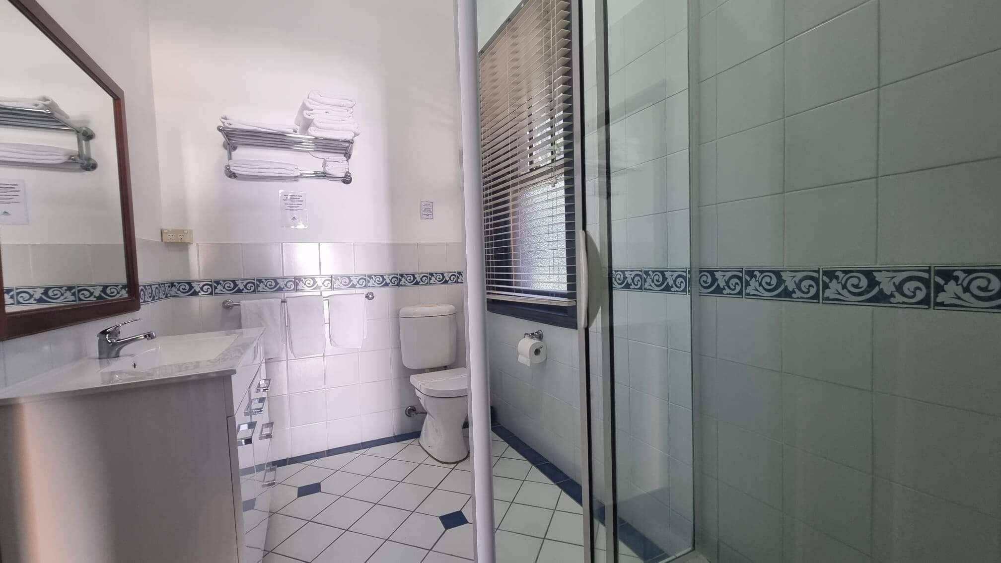 A bathroom with a toilet, sink, and towel rack.