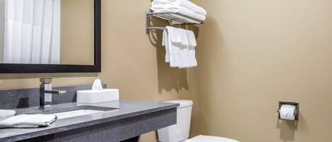 Une salle de bain équipée d’un lavabo, d’un miroir, d’un porte-serviettes, de toilettes et d’un distributeur de serviettes en papier.