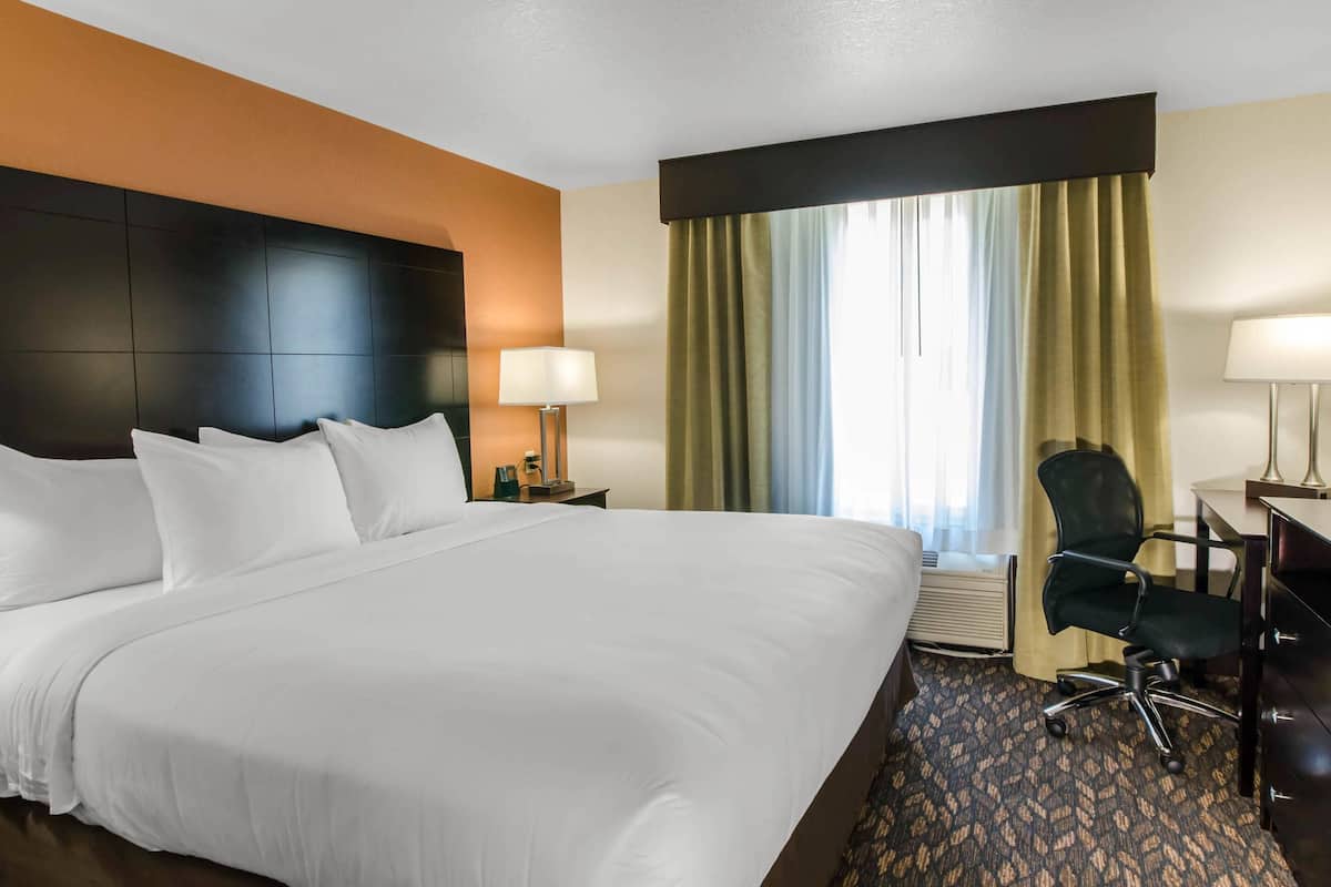 Premium bedding, desk, laptop workspace, blackout curtains