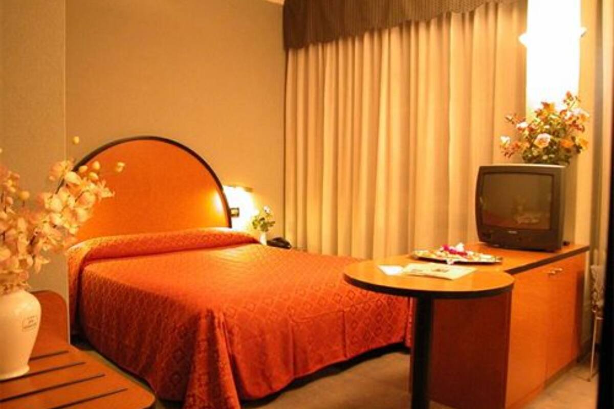 A hotel room with a bed, a desk, a television, and a vase of flowers.