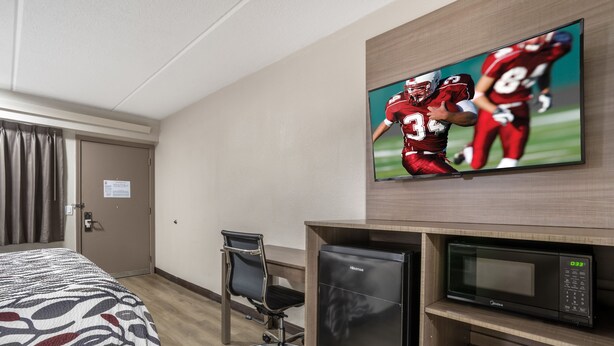 A hotel room with a bed, a desk, a television, and a microwave.