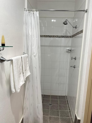 Shower, rainfall showerhead, free toiletries, towels