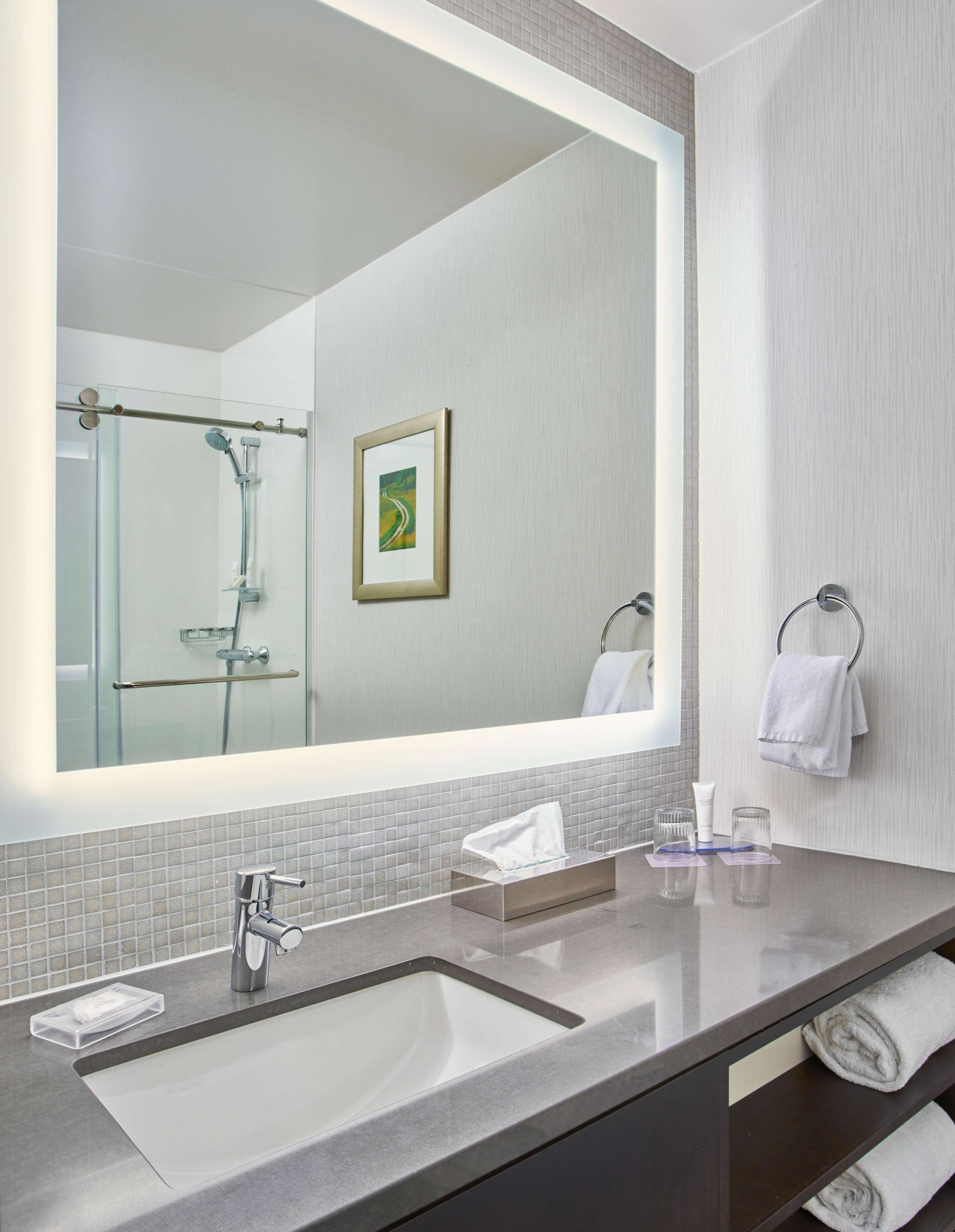 combined shower/bathtub, designer toiletries, hair dryer, towels