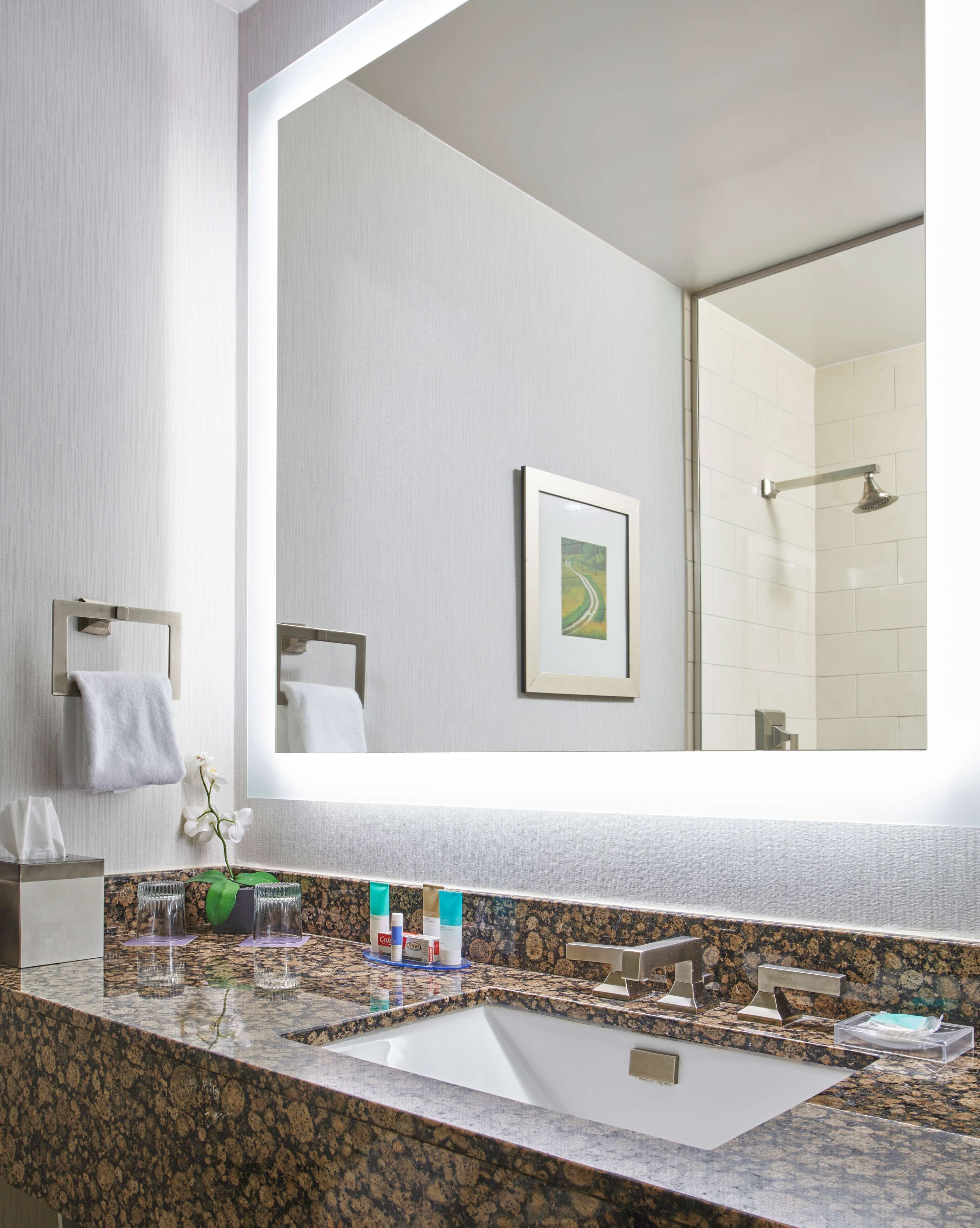 combined shower/bathtub, designer toiletries, hair dryer, towels