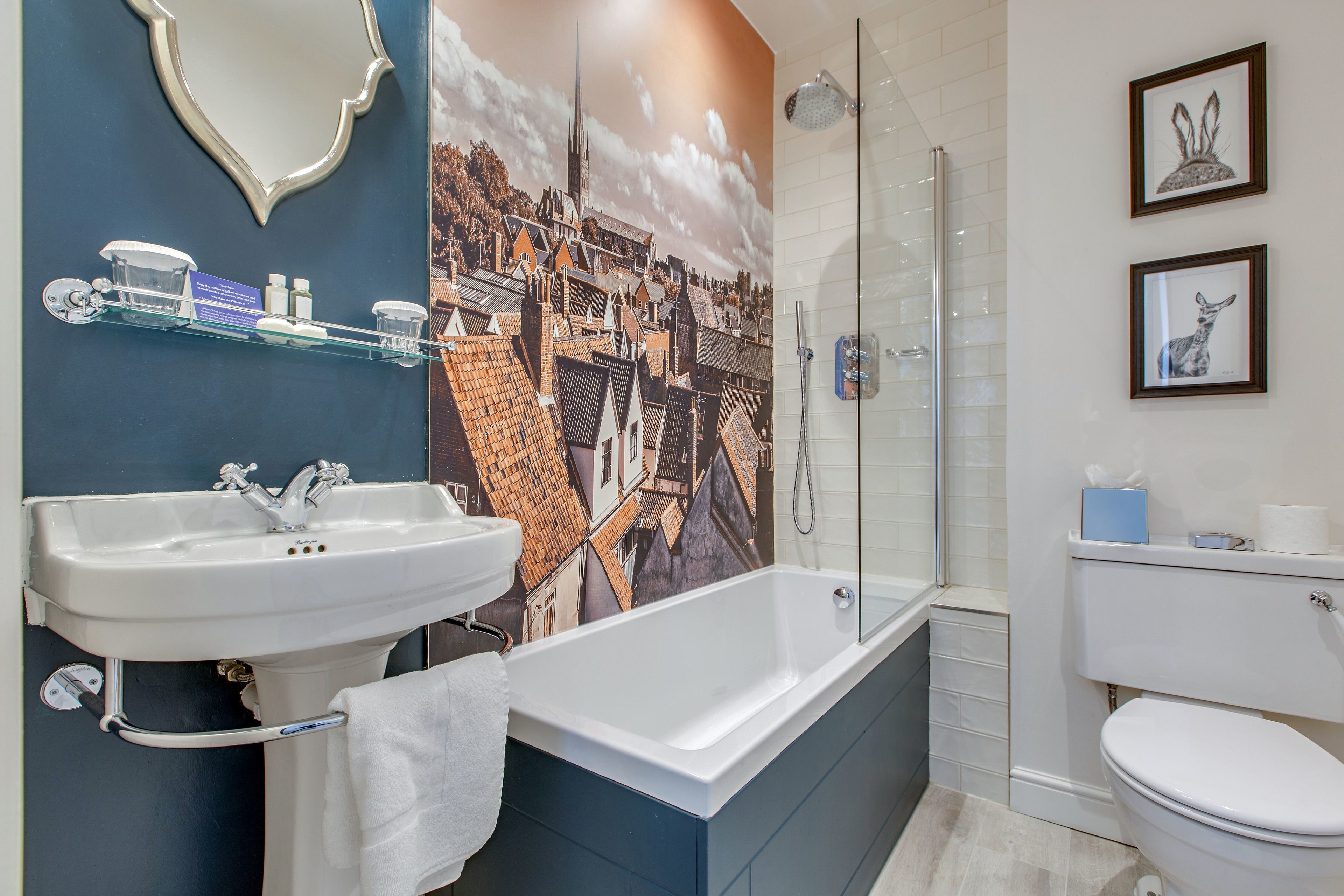 combined shower/bathtub, free toiletries, hair dryer, towels