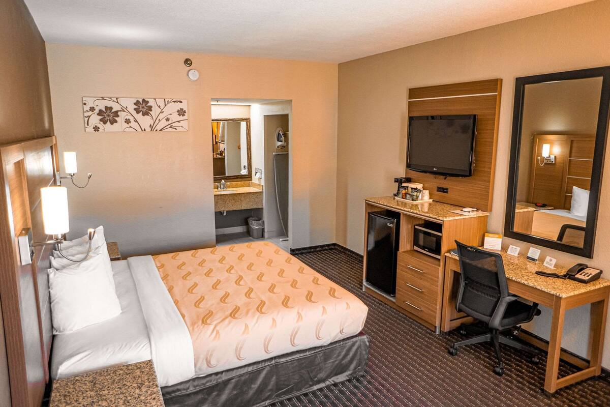 A hotel room with a bed, desk, chair, TV, and a mirror.