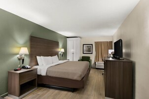 Habitación de hotel con cama, mesitas de noche, escritorio con televisor, una silla y armario.