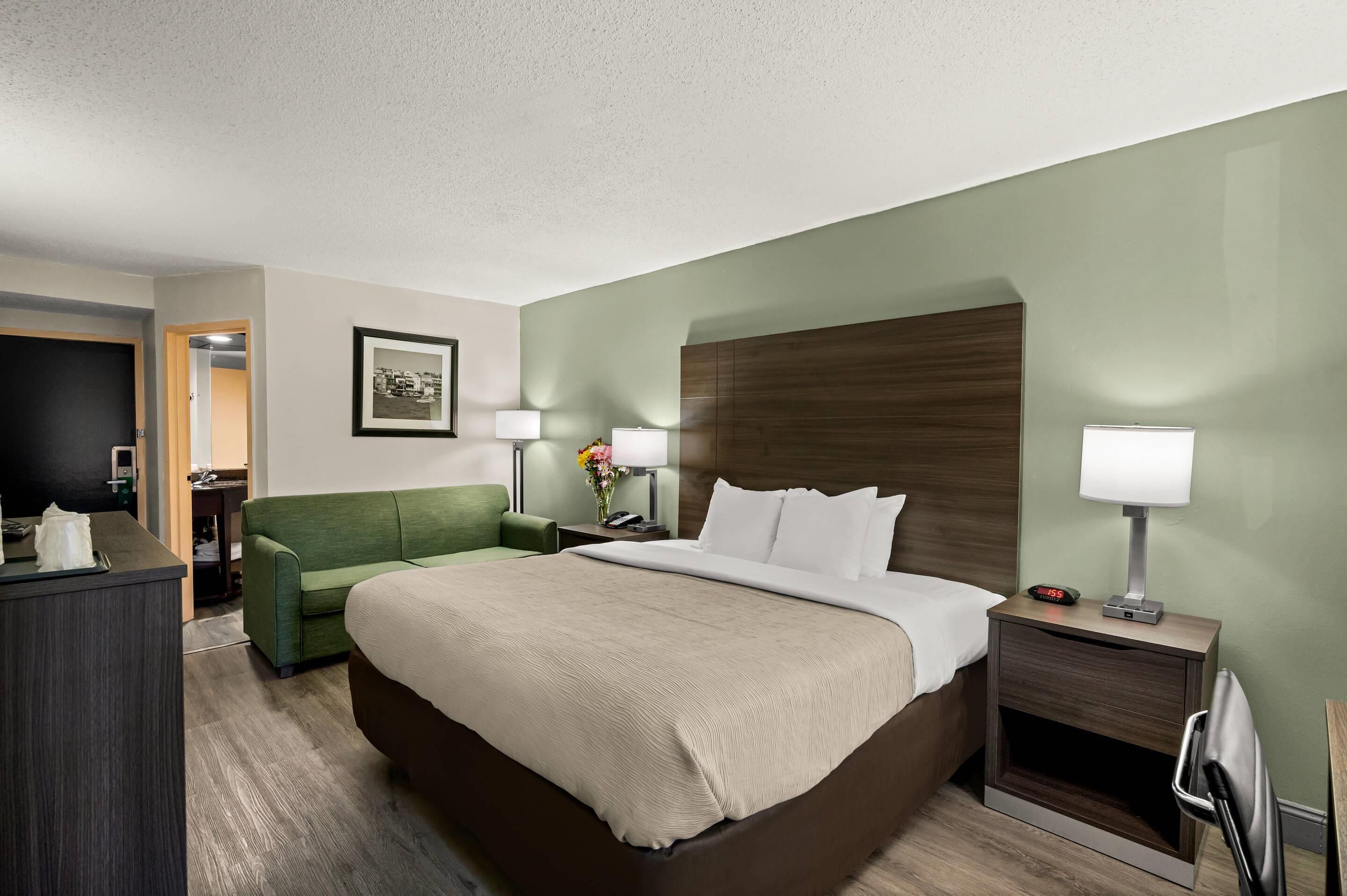 Une chambre d’hôtel avec un lit, un canapé vert, un bureau et une table de chevet avec des lampes.