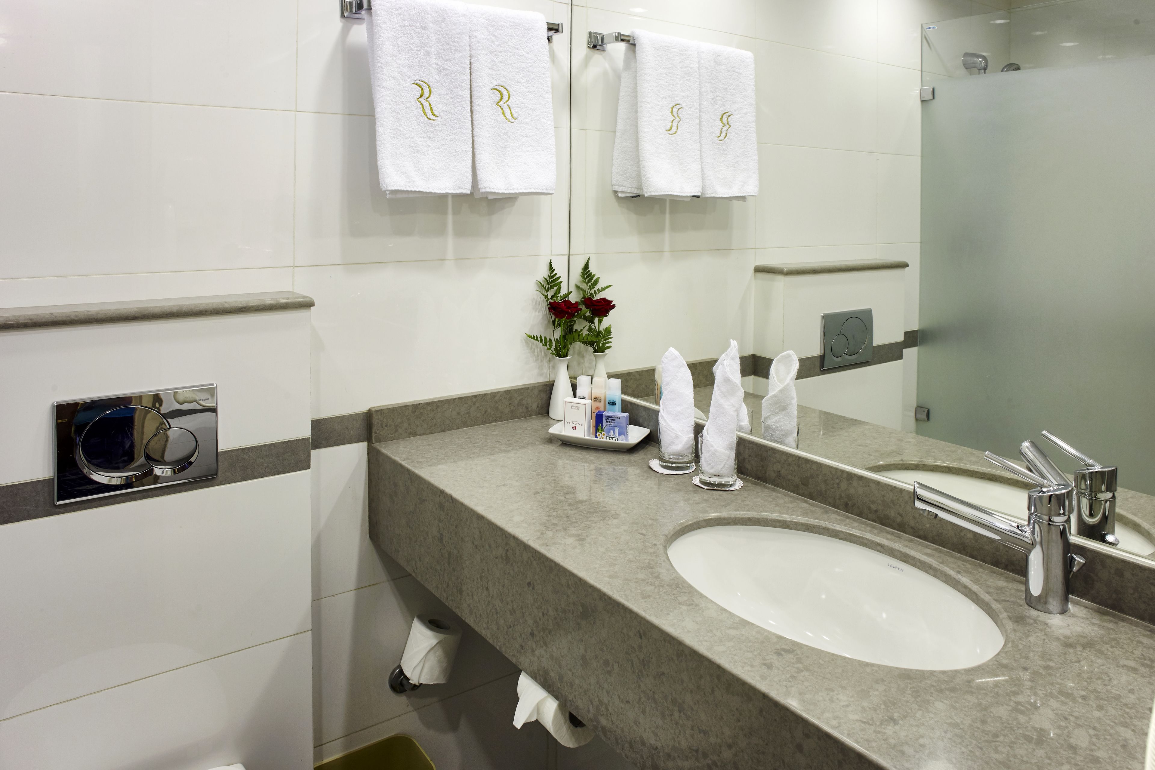 A modern bathroom with a large sink, a mirror, and two towels hanging on the wall.