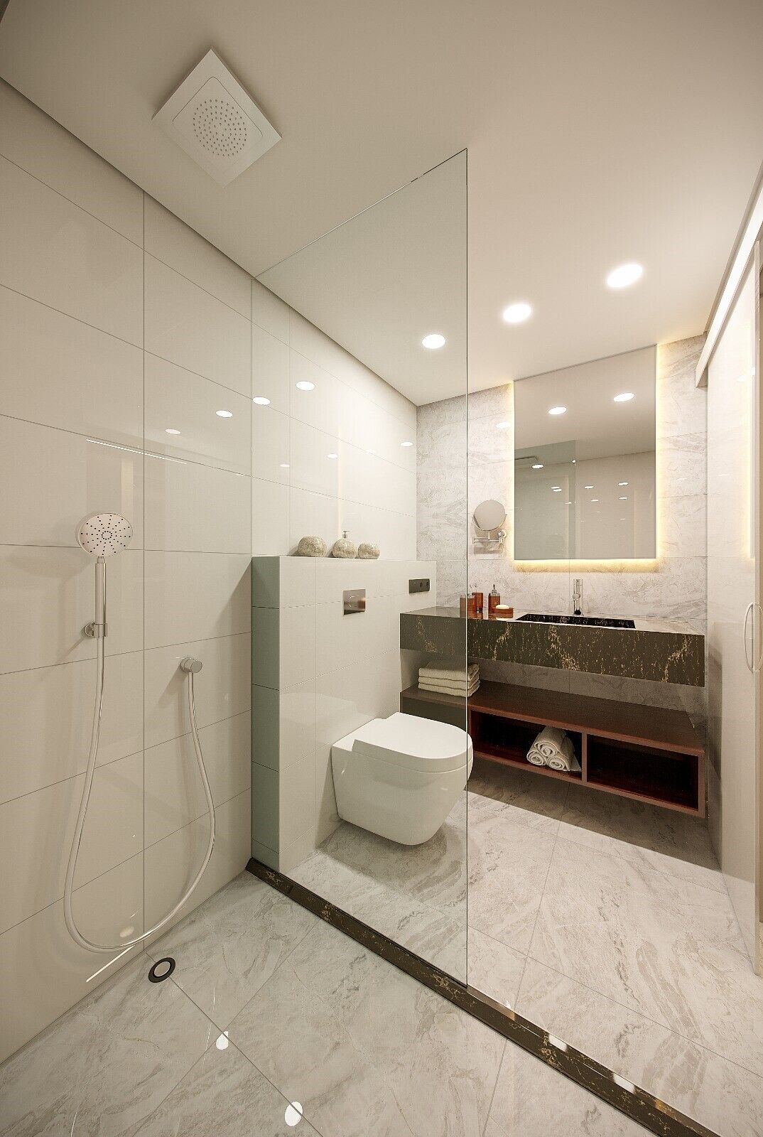 Une salle de bain moderne avec une douche à parois de verre, des toilettes blanches, un meuble-lavabo en marbre et un grand miroir.