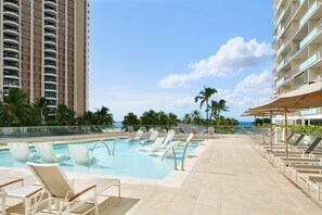 2 outdoor pools, pool umbrellas, pool loungers