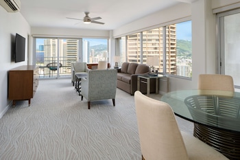 Luxury 2BR City View w/Kitchen | Living area | 40-inch LCD TV with cable channels, TV, DVD player at Ilikai Hotel & Luxury Suites