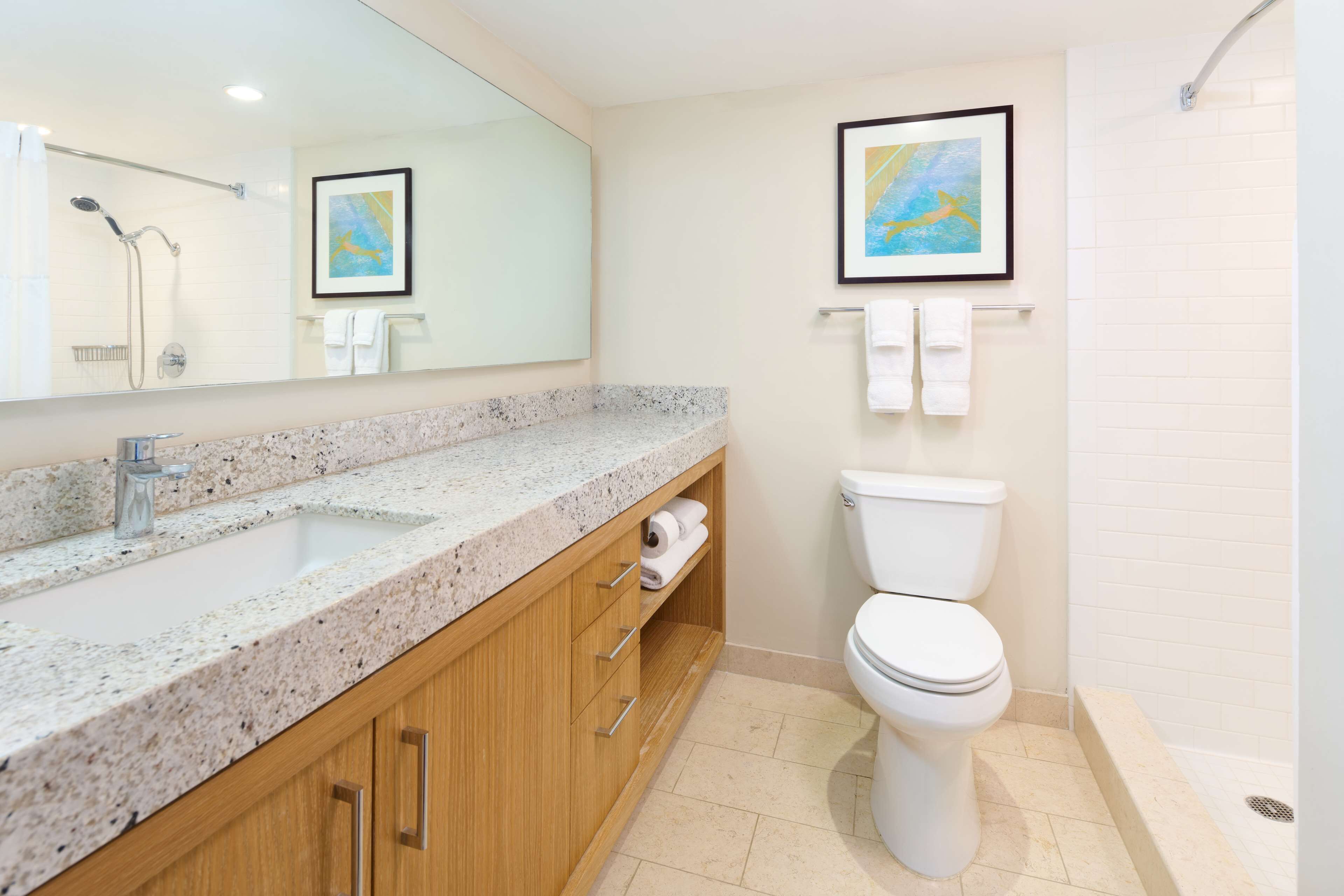 A modern bathroom with a granite countertop sink, wooden cabinets, a white toilet, and a framed picture on the wall.