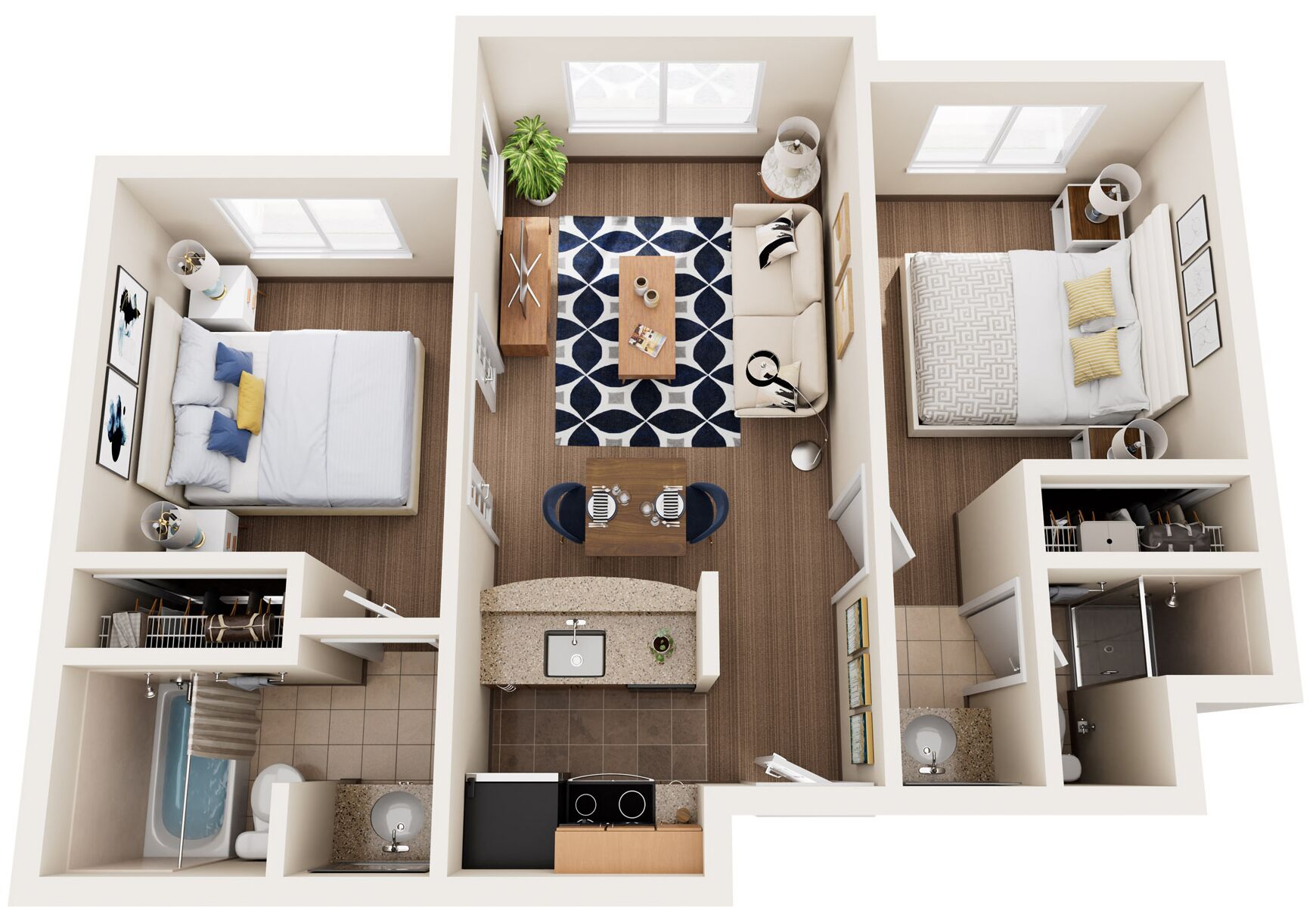 2 bedrooms, desk, blackout curtains, iron/ironing board