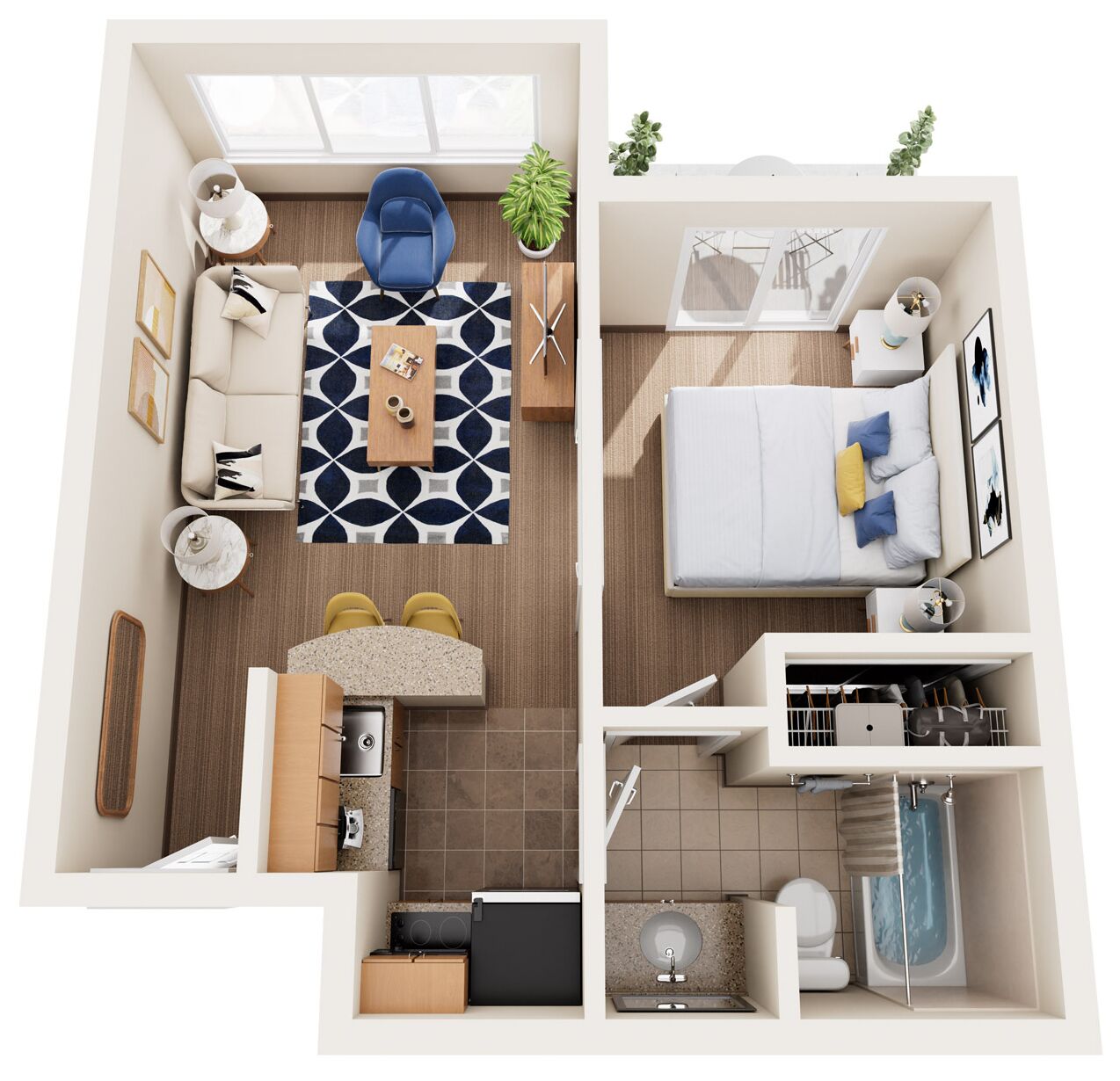 2 bedrooms, desk, blackout curtains, iron/ironing board