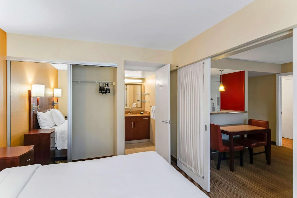 1 bedroom, desk, blackout drapes, iron/ironing board