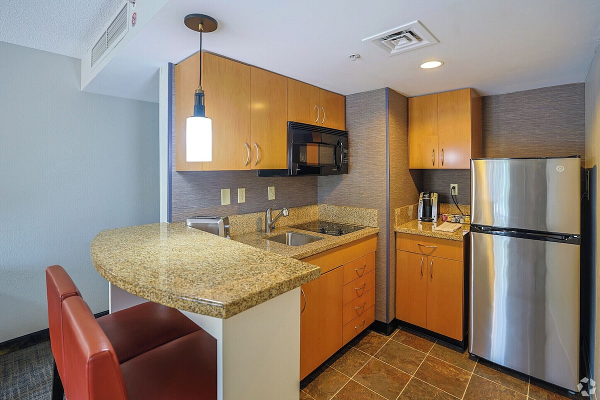 2 bedrooms, desk, blackout curtains, iron/ironing board