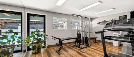 A gym with exercise equipment, large windows, and potted plants.