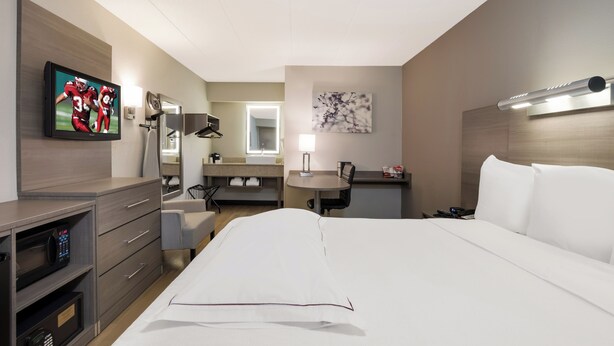 A hotel room with a bed, a desk, a chair, a television, a microwave, a sink, and a mirror. - Red Roof Inn PLUS+ Chicago - Naperville (Naperville)