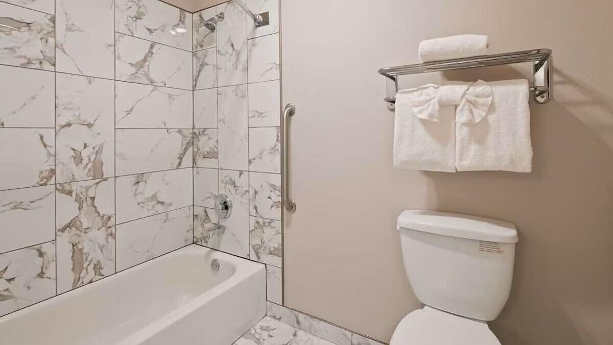 Une salle de bain avec une baignoire, des toilettes et un porte-serviettes.