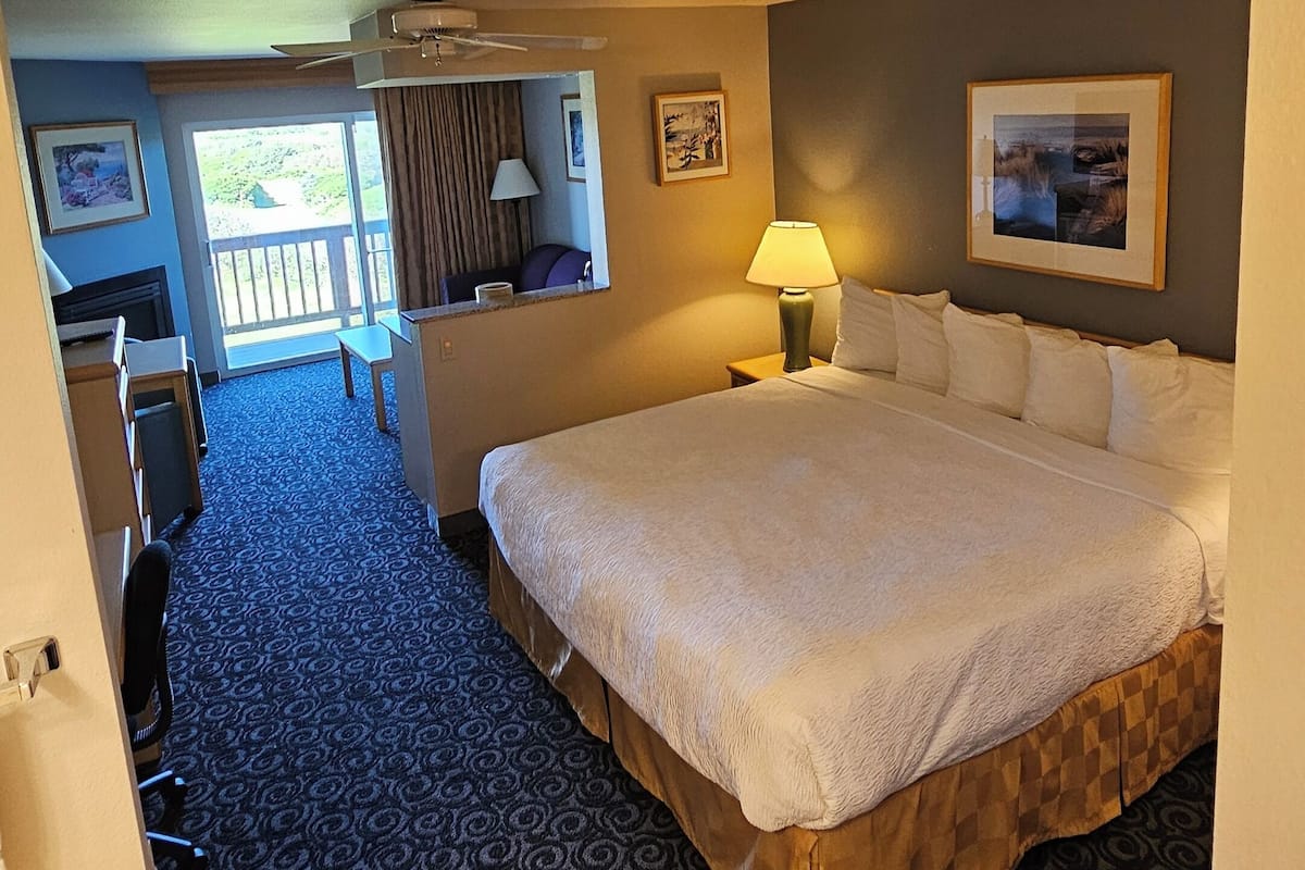 A hotel room with a large bed, a desk, a chair, a lamp, and a view of the outdoors.