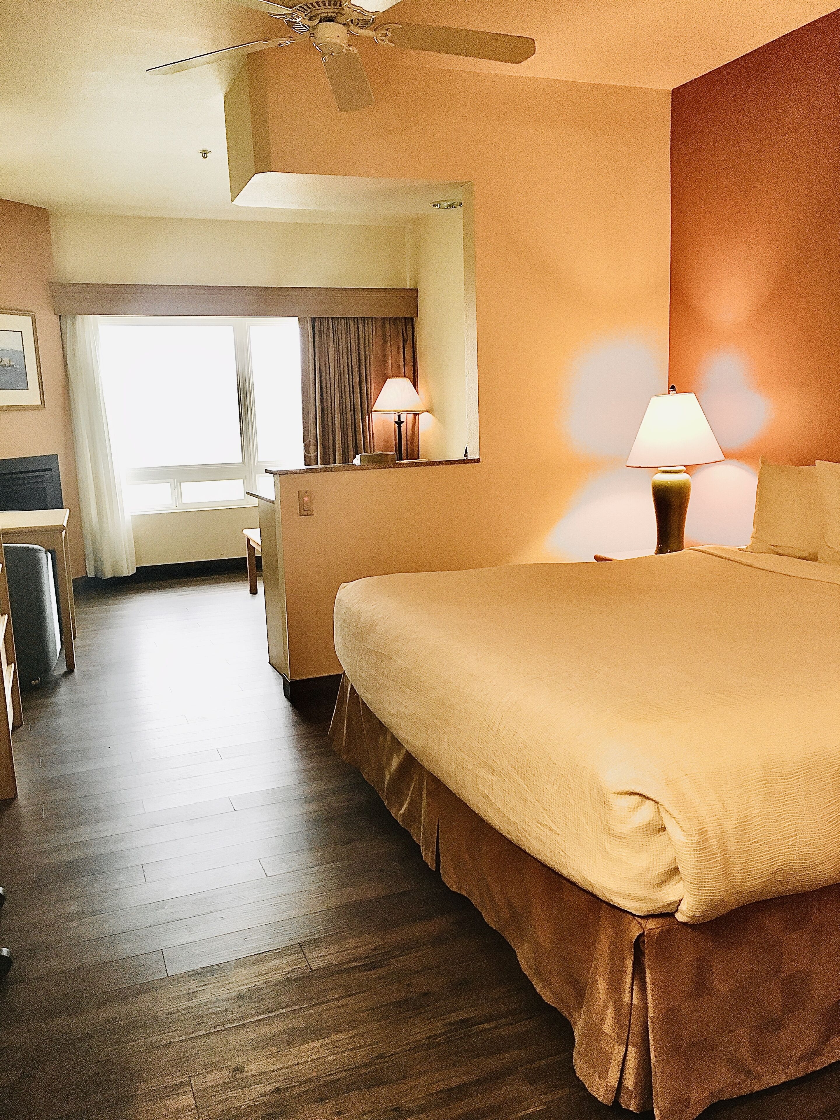Una habitación de hotel con una cama grande, dos lámparas de noche, un escritorio y una silla.