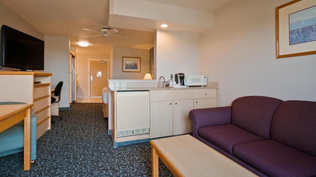 Habitación de hotel compacta con sofá, una mesita, televisor, kitchenette y ventilador de techo.