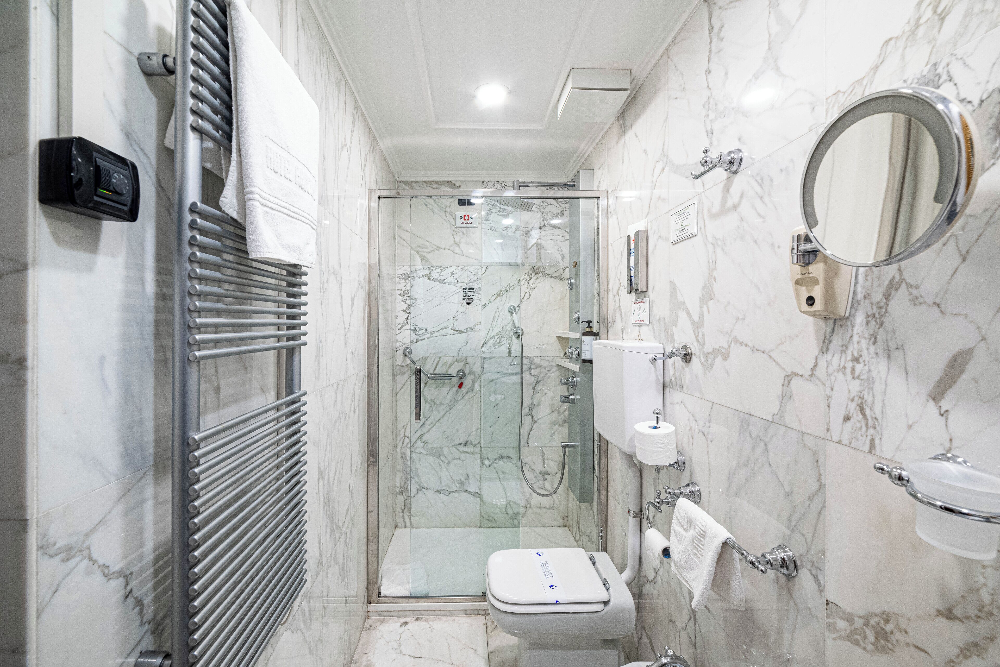 A modern bathroom with a glass-enclosed shower, a built-in toilet, a towel rack, and a mirror.