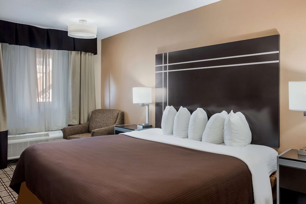 Une chambre d’hôtel avec un grand lit, une chaise, une table de chevet, une lampe et un téléviseur fixé au mur.